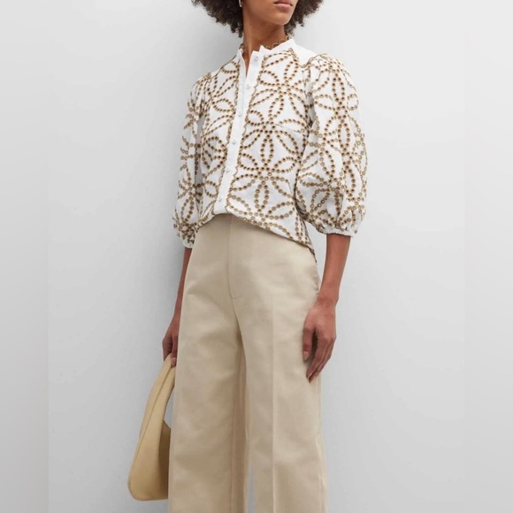 NEW Maison Common Eyelet Embroidered Linen Puff Sleeve Blouse Luxury - Picture 1 of 5